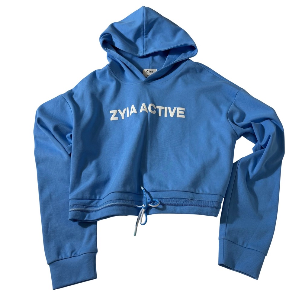 Zyia Active Blue Cropped Hoodie Sweatshirt Large Logo Drawstring Hem